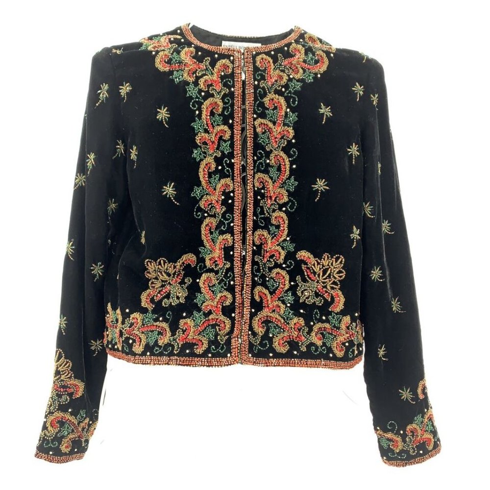 Palm Trees Christmas Papell Boutique Black Velvet Evening Jacket Hand Beaded
